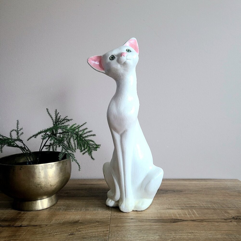 14'' tall vintage long neck white cat with green glass eyes figurine.